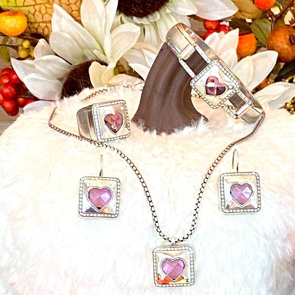 Brighton OPEN HEARTED Pink Crystal Heart Necklace Bracelet Earrings & Ring set